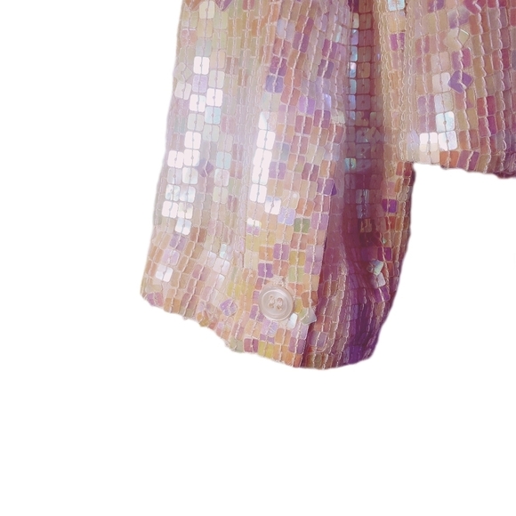 100% SILK SQUARE SEQUIN IRIDESCENT BLOUSE Button Down with Shirt Collar Medium - Picture 6 of 13